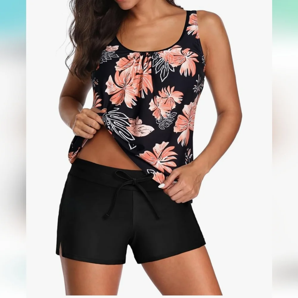 NWT Floral Sleeveless Tankini Swim Shorts Set- Black and Pink - Picture 2 of 7